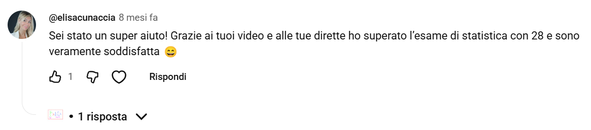 @elisacunaccia: Sei stato un super aiuto! Grazie ai tuoi video e alle tue dirette ho superato l’esame di statistica con 28 e sono veramente soddisfatta 😁